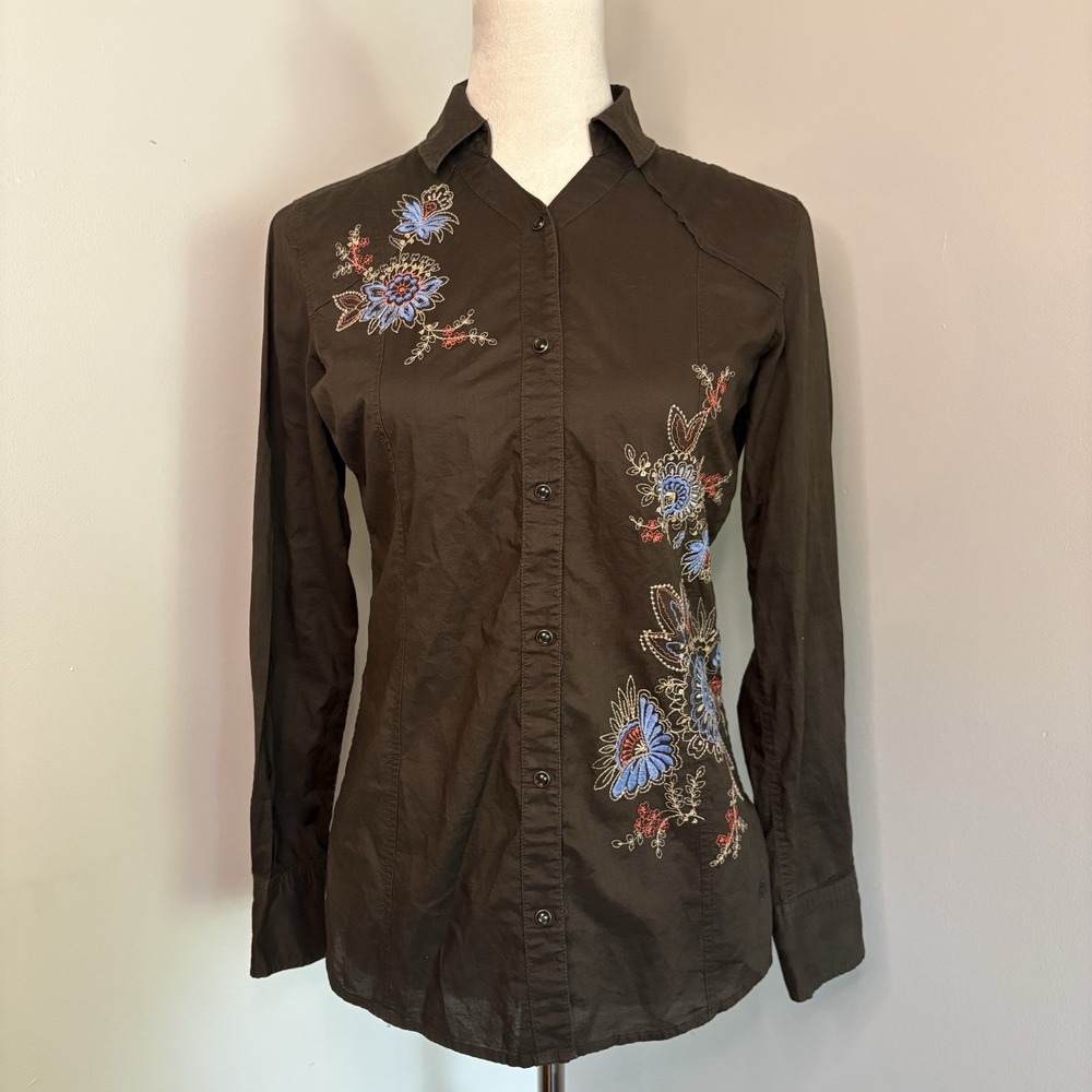 Ariat Fitted Brown Floral Embroidered Blouse Pearl Snap Boho Western Top Small